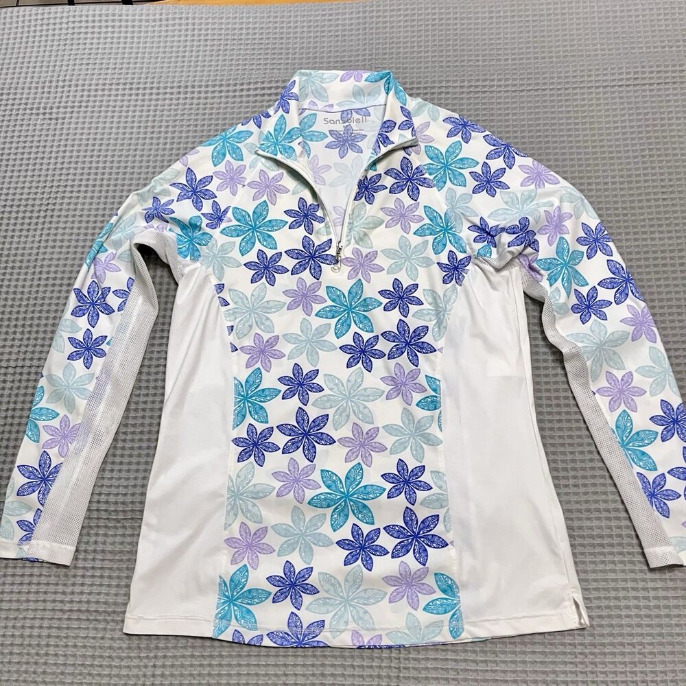 SanSoleil 1/4 Zip Top Womens Medium Floral Print UV 50 Mesh Panel Golf Tennis